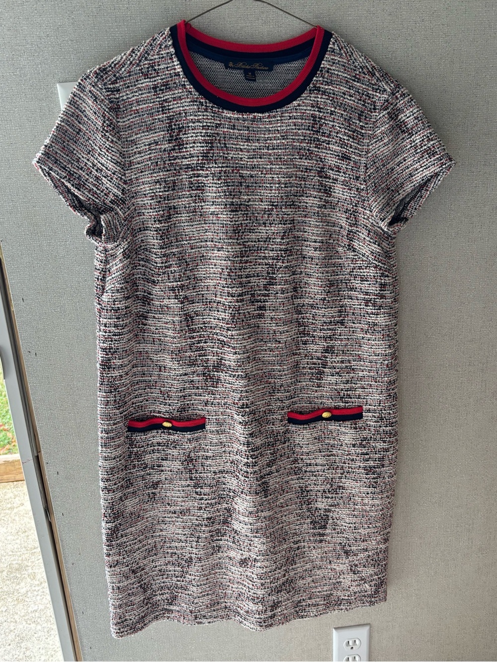 Brooks Brothers Tweed Short-Sleeve Shift Dress in red and Navy Trim